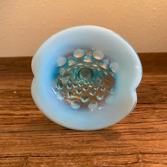 Fenton Blue Opalescent Hobnail Horn of Plenty 
Small Vase - Picture 7 of 8